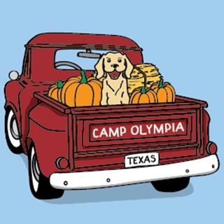 Illustration of a pickup truck with a dog and two pumpkins in the bed.