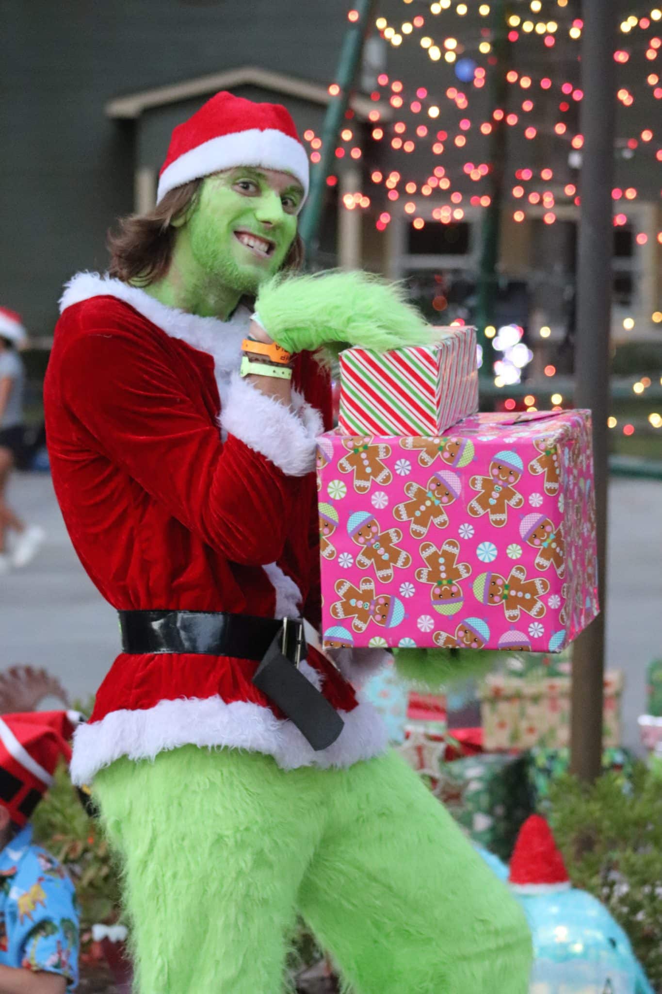 Camp Olympia counselor dressed as the Grinch.