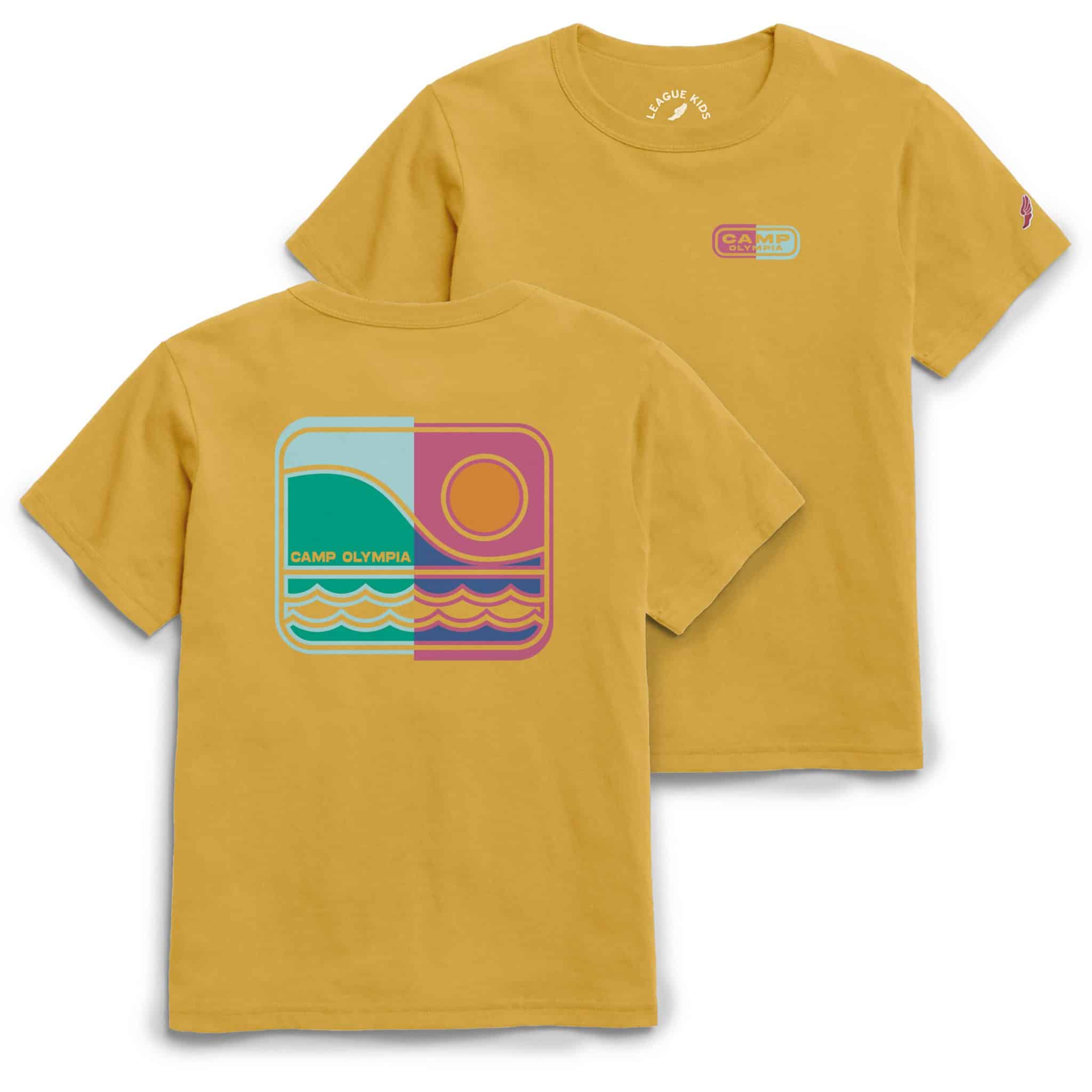 Camp Olympia Yellow T-shirt with Sun and Wave graphic