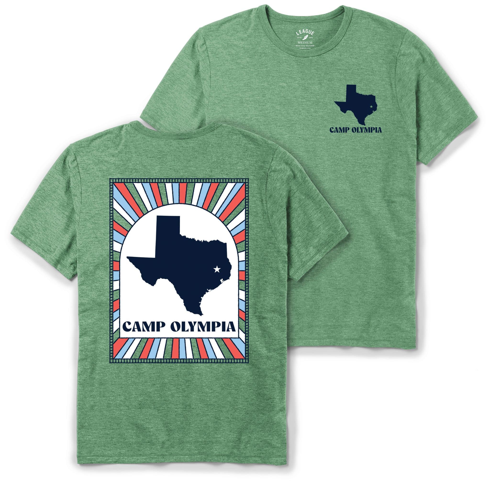 Camp Olympia Green T-shirt with Shape of Texas